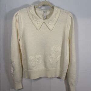 Joie Embroidered Floral Peter Pan Collar Sweater Cream Cottagecore Size L NWT